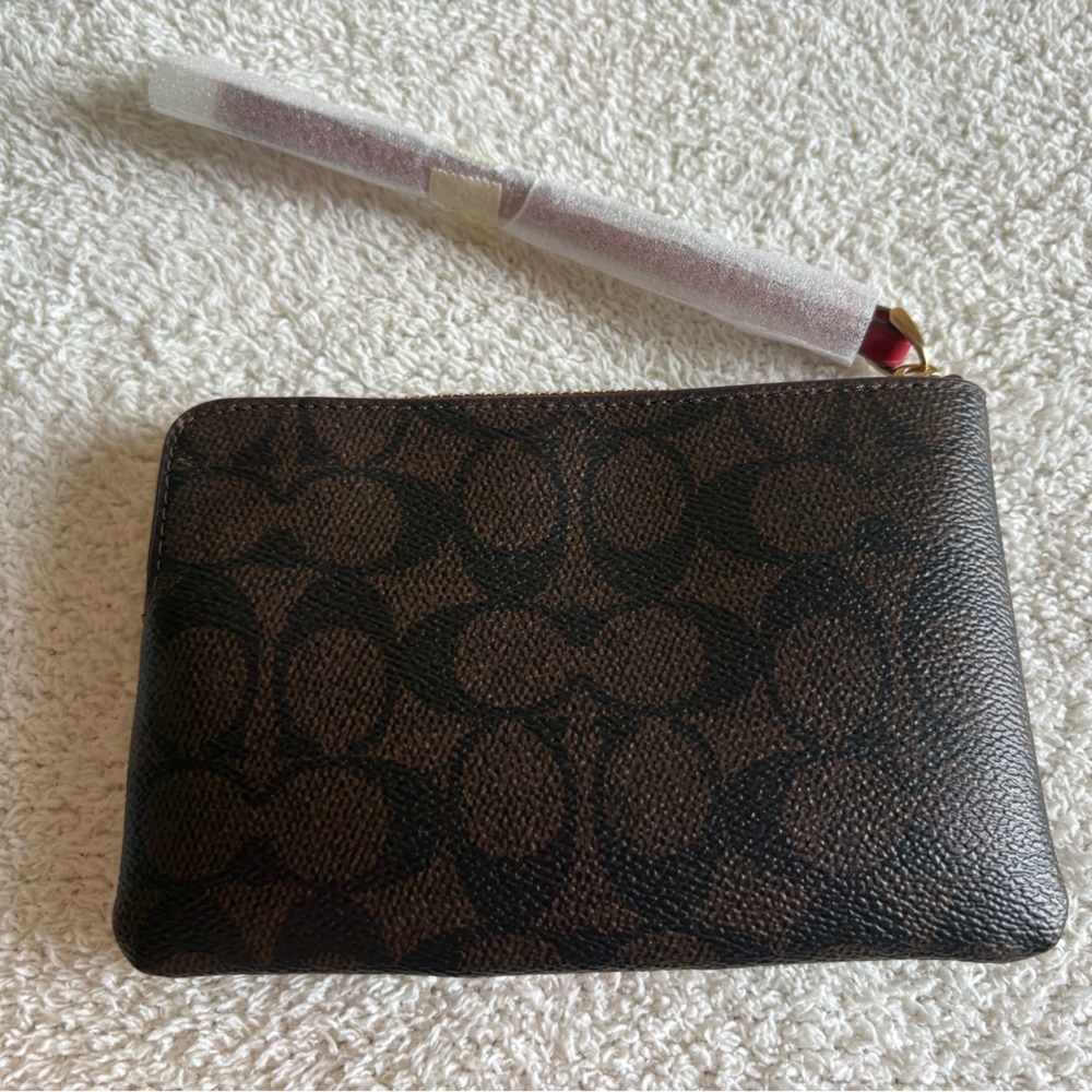 NEW COACH Signature Coated Canvas with Leather Strap Brown and Red Wristlet - Picture 4 of 8